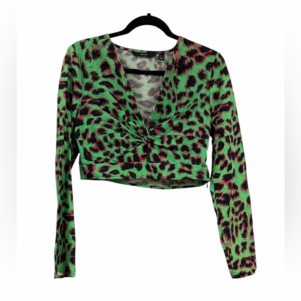 Vero Moda green and pink leopard print twist-front crop top